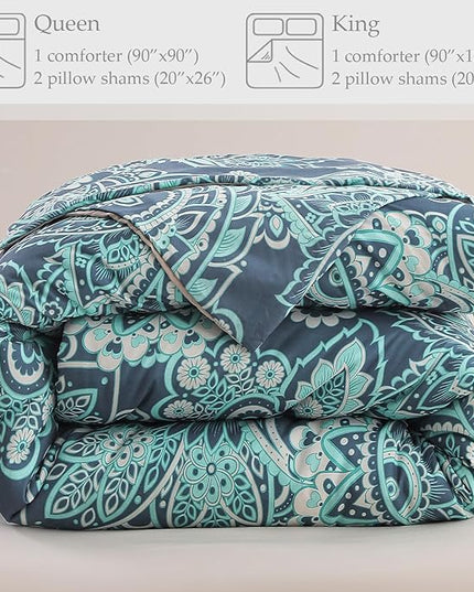 Whale Flotilla King Comforter Set, Soft Reversible Turquoise Bedding Comforter Set with Pailsey Pattern, 1 Micoriber Printed Comforter and 2 Pillow Shams, 3 Pieces - LeafyLoom
