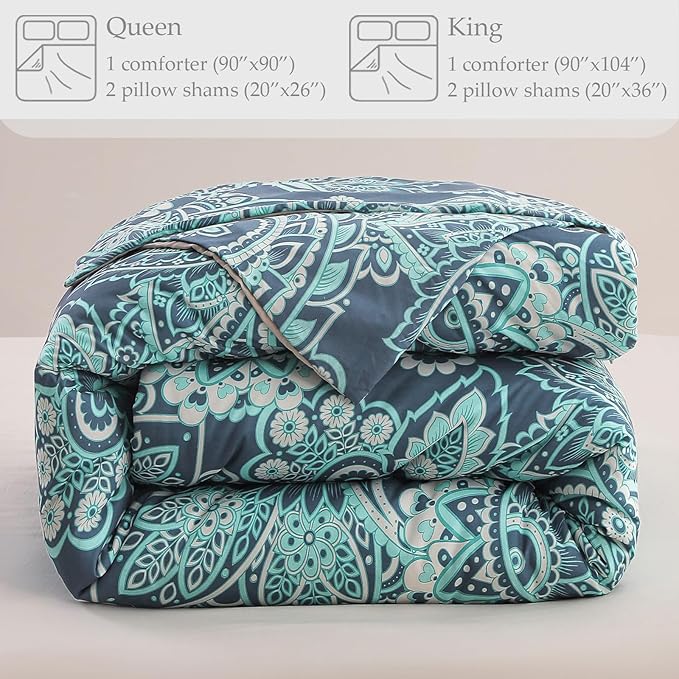Whale Flotilla King Comforter Set, Soft Reversible Turquoise Bedding Comforter Set with Pailsey Pattern, 1 Micoriber Printed Comforter and 2 Pillow Shams, 3 Pieces - LeafyLoom