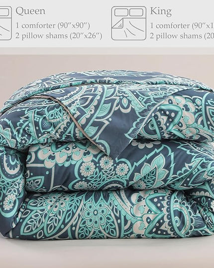 Whale Flotilla Queen Full Comforter Set, Soft Reversible Turquoise Bedding Comforter Set with Pailsey Pattern, 1 Micoriber Printed Comforter and 2 Pillow Shams, 3 Pieces - LeafyLoom