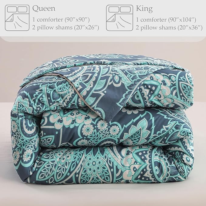Whale Flotilla Queen Full Comforter Set, Soft Reversible Turquoise Bedding Comforter Set with Pailsey Pattern, 1 Micoriber Printed Comforter and 2 Pillow Shams, 3 Pieces - LeafyLoom