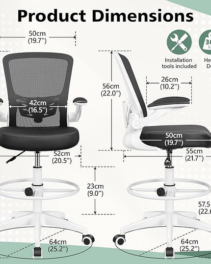 MINLOVE Ergonomic Drafting Office Chair, Tall Office Chair with Flip-up Armrests Executive Ergonomic Computer Standing Desk Chair with Lumbar Support and Adjustable Footrest(White) - LeafyLoom