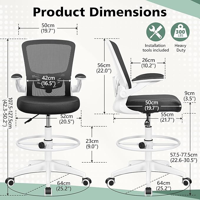 MINLOVE Ergonomic Drafting Office Chair, Tall Office Chair with Flip-up Armrests Executive Ergonomic Computer Standing Desk Chair with Lumbar Support and Adjustable Footrest(White) - LeafyLoom