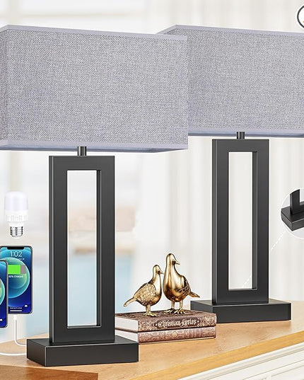 22" Tall Living Room Lamps for Night Stands - Touch Bedside Lamp with USB C+A, 3 Way Dimmable bedroom Lamps for End Tables Set of 2, Modern Night Stand Lamps for Bed Side(Grey&Black) - LeafyLoom