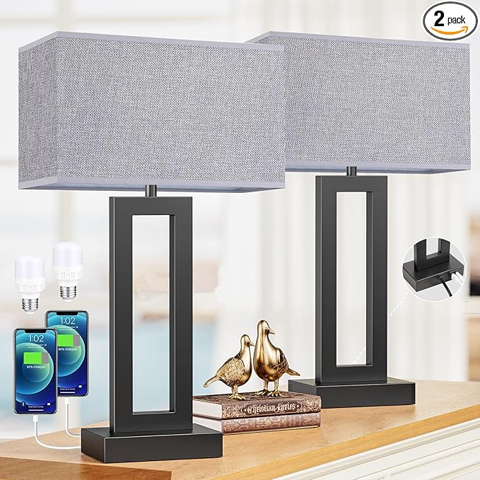22" Tall Living Room Lamps for Night Stands - Touch Bedside Lamp with USB C+A, 3 Way Dimmable bedroom Lamps for End Tables Set of 2, Modern Night Stand Lamps for Bed Side(Grey&Black) - LeafyLoom
