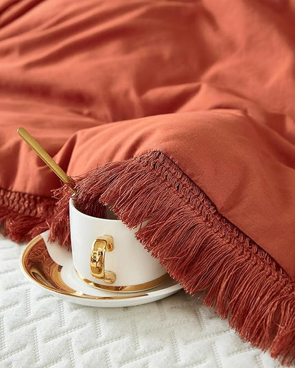 Litanika Terracotta Comforter Full Size, Boho Tassel Burnt Orange Comforter 3 Pieces, Rust Lightweight Fringe Bedding Set for All Season(1 Comforter 79x90 inch, 2 Pillowcases) - LeafyLoom