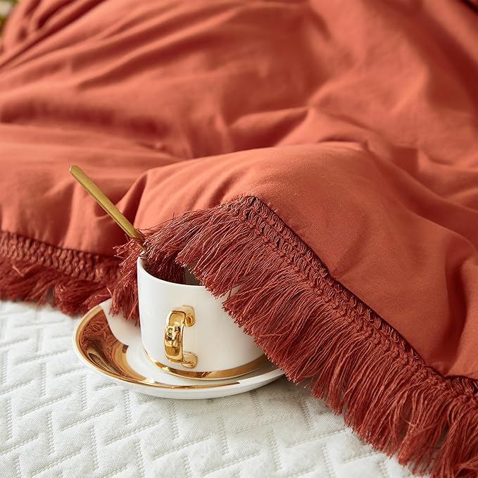Litanika Terracotta Comforter Full Size, Boho Tassel Burnt Orange Comforter 3 Pieces, Rust Lightweight Fringe Bedding Set for All Season(1 Comforter 79x90 inch, 2 Pillowcases) - LeafyLoom