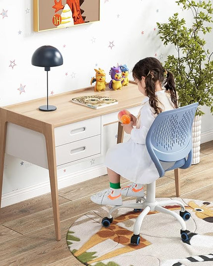 Kids Desk Chair, Blue Ergonomic Kids Office Chair Ages8-12 w/Lumbar Support, Low-Back Teen Desk Chair for Girls Boys, Small Cute Kids Computer Chair for Bedroom/Study/Vanity Desk - LeafyLoom