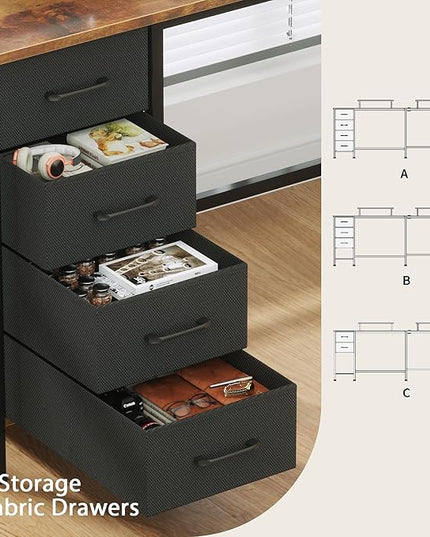 L Shaped Computer Desk with Power Outlets, 59 inch Reversible Home Office Desk with Storage Shelves & 2 Monitor Stands, Gaming Desk with 4 Fabric Drawers for Bedroom, Rustic Brown - LeafyLoom