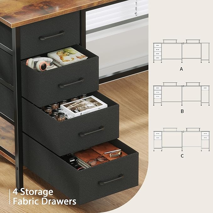 L Shaped Computer Desk with Power Outlets, 59 inch Reversible Home Office Desk with Storage Shelves & 2 Monitor Stands, Gaming Desk with 4 Fabric Drawers for Bedroom, Rustic Brown - LeafyLoom