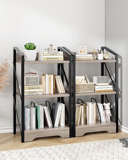 Vagusicc 3 Tier Bookshelf, Small Book Shelf Industrial Bookshelf, Wood Short Book Shelf Office Shelves with Metal Frame, Rustic Open Shelf Storage Organizer Bookcase for Living Room Bedroom, Greige - LeafyLoom