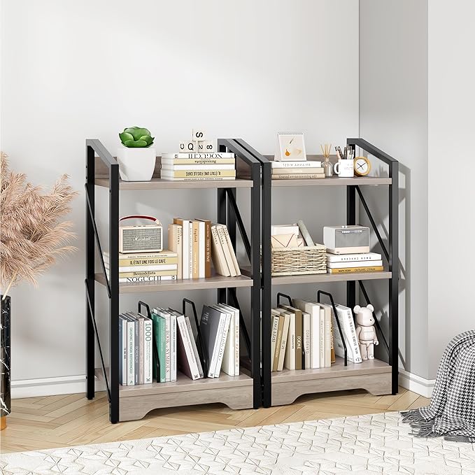 Vagusicc 3 Tier Bookshelf, Small Book Shelf Industrial Bookshelf, Wood Short Book Shelf Office Shelves with Metal Frame, Rustic Open Shelf Storage Organizer Bookcase for Living Room Bedroom, Greige - LeafyLoom
