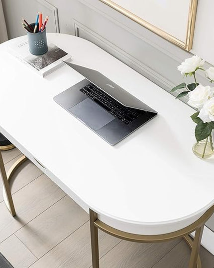 Leick Home 85405 Home Office Computer Desk with Dropfront Keyboard Drawer, Furniture, Cottage White/Gold - LeafyLoom