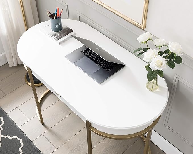 Leick Home 85405 Home Office Computer Desk with Dropfront Keyboard Drawer, Furniture, Cottage White/Gold - LeafyLoom