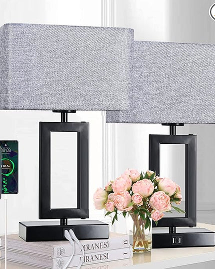 Touch Control Bedside Lamps for Bedrooms Set of 2 Table Lamps for Nightstand with Dual USB Ports, 3-Way Dimmable Modern Desk Lamps for End Table Living Room Office Home Study Room, Grey&Black - LeafyLoom