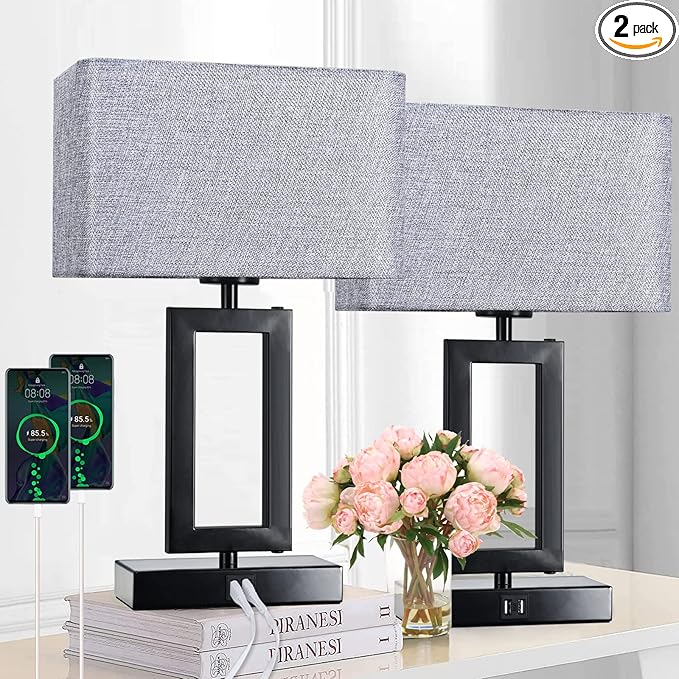 Touch Control Bedside Lamps for Bedrooms Set of 2 Table Lamps for Nightstand with Dual USB Ports, 3-Way Dimmable Modern Desk Lamps for End Table Living Room Office Home Study Room, Grey&Black - LeafyLoom
