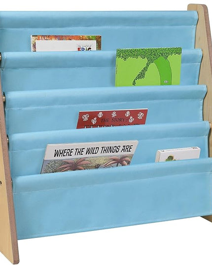 Wildkin Kids Canvas Sling Bookshelf for Boys and Girls, Wooden Design Features Four Fabric Shelves, Keep Bedrooms, Playrooms, and Classrooms Organized, an Ideal Kids Bookshelf (Natural w/Aqua) - LeafyLoom