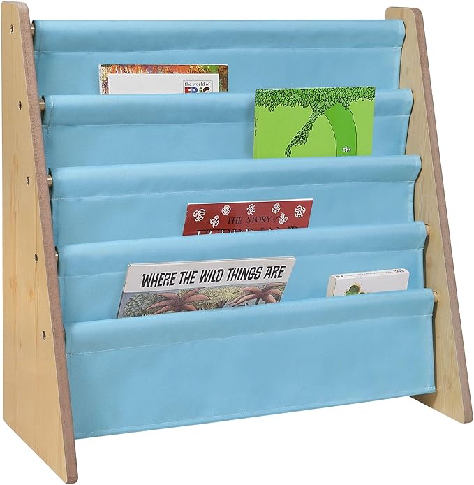 Wildkin Kids Canvas Sling Bookshelf for Boys and Girls, Wooden Design Features Four Fabric Shelves, Keep Bedrooms, Playrooms, and Classrooms Organized, an Ideal Kids Bookshelf (Natural w/Aqua) - LeafyLoom