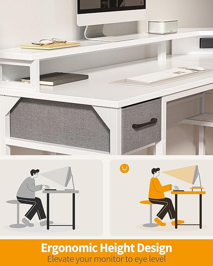 CubiCubi L Shaped Gaming Desk with LED Lights and Power Outlets, 58" Reversible Corner Computer Desk with Storage Shelves and Drawer, Home Office Desk with Monitor Stand, White - LeafyLoom