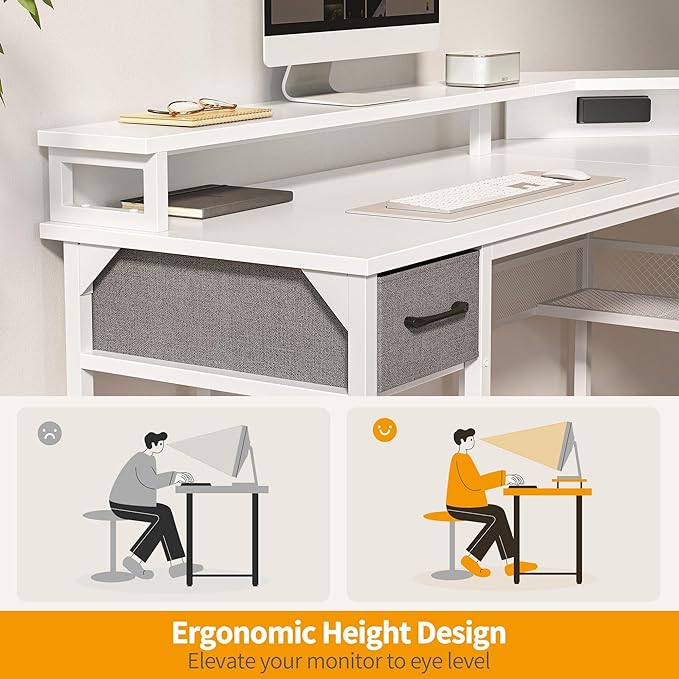 CubiCubi L Shaped Gaming Desk with LED Lights and Power Outlets, 58" Reversible Corner Computer Desk with Storage Shelves and Drawer, Home Office Desk with Monitor Stand, White - LeafyLoom