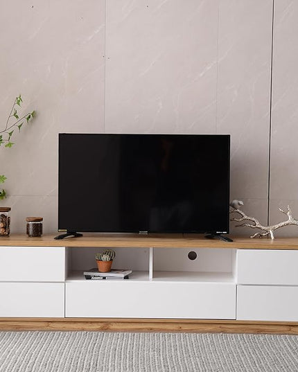 71 Inch TV Stand for TVs up to 80'', Television Stand with Ample Storage Space and Door Rebound Device, Entertainment Center for Living Room, Bedroom, White+Natural - LeafyLoom