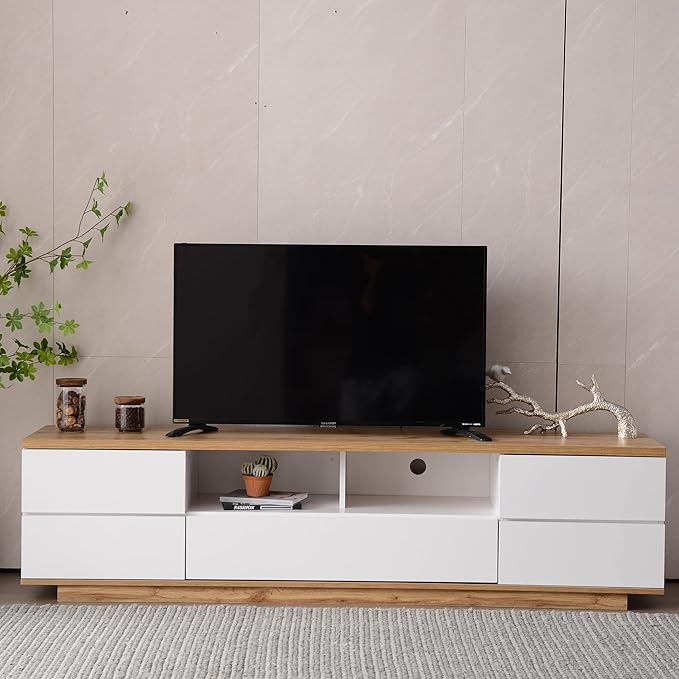 71 Inch TV Stand for TVs up to 80'', Television Stand with Ample Storage Space and Door Rebound Device, Entertainment Center for Living Room, Bedroom, White+Natural - LeafyLoom