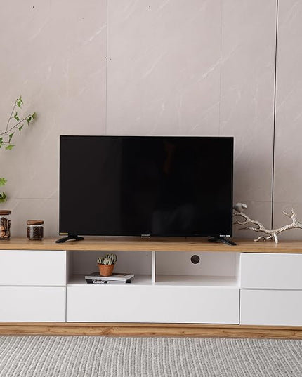 Modern Stand 80'', Media Console with Multi-Functional Storage, Entertainment Center with Door Rebound Device, TV Cabinet Table for Living Room, Bedroom, White+Natural - LeafyLoom