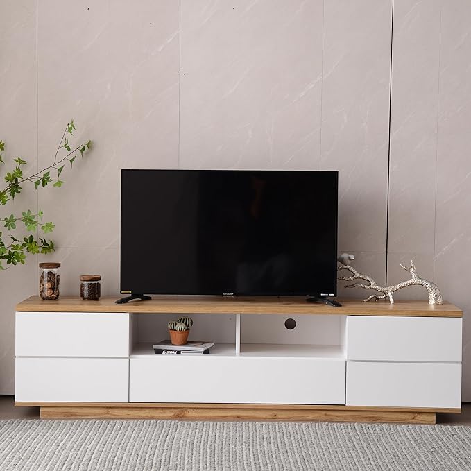 Modern Stand 80'', Media Console with Multi-Functional Storage, Entertainment Center with Door Rebound Device, TV Cabinet Table for Living Room, Bedroom, White+Natural - LeafyLoom