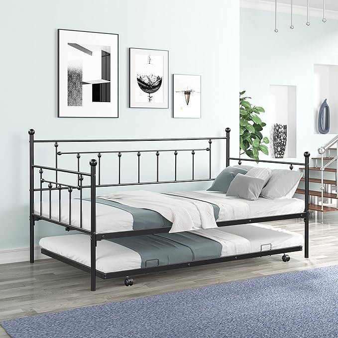Twin Size Daybed with Trundle,Heavy-Duty Sturdy Metal Bed Frame,Noise Reduced,No Box Spring Needed,for Living Room Bedroom Apartment,Black - LeafyLoom