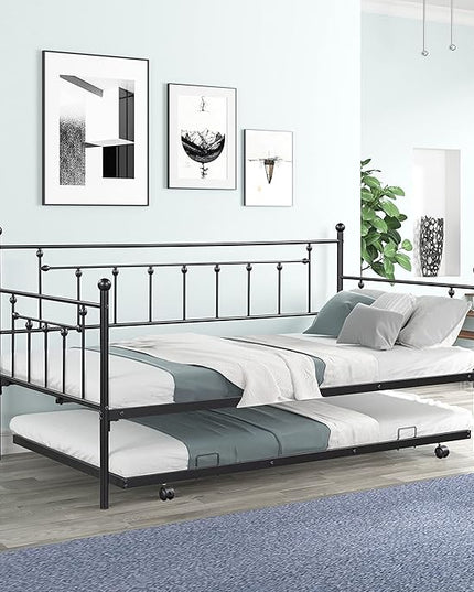Twin Size Metal-Daybed with Trundle,Heavy-Duty Sturdy Metal,Noise Reduced,Trundle-Bed for Flexible Space,Vintage Style,No Box Spring Needed,Bedroom Living Room Furniture,Black - LeafyLoom