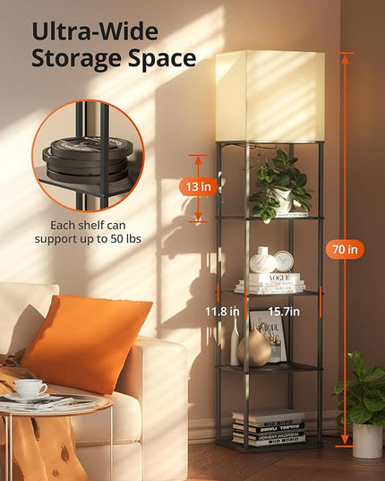 sympa Floor Lamp with Shelves, 5-Tier Floor Lamps for Living Room with 2 RGB Bulbs, APP Controlled, Pull Chain Switch, Modern Floor Lamp with White lampshade for Living Room, Bedroom and Office - LeafyLoom