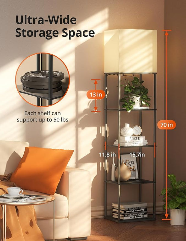 sympa Floor Lamp with Shelves, 5-Tier Floor Lamps for Living Room with 2 RGB Bulbs, APP Controlled, Pull Chain Switch, Modern Floor Lamp with White lampshade for Living Room, Bedroom and Office - LeafyLoom