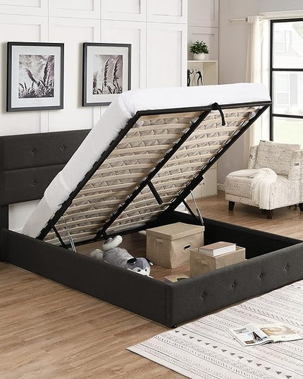 Queen Size Lift Up Storage Bed/Modern Upholstered Platform Bed Frame/Hydraulic Storage/No Box Spring Needed/Wood Slats Support - LeafyLoom