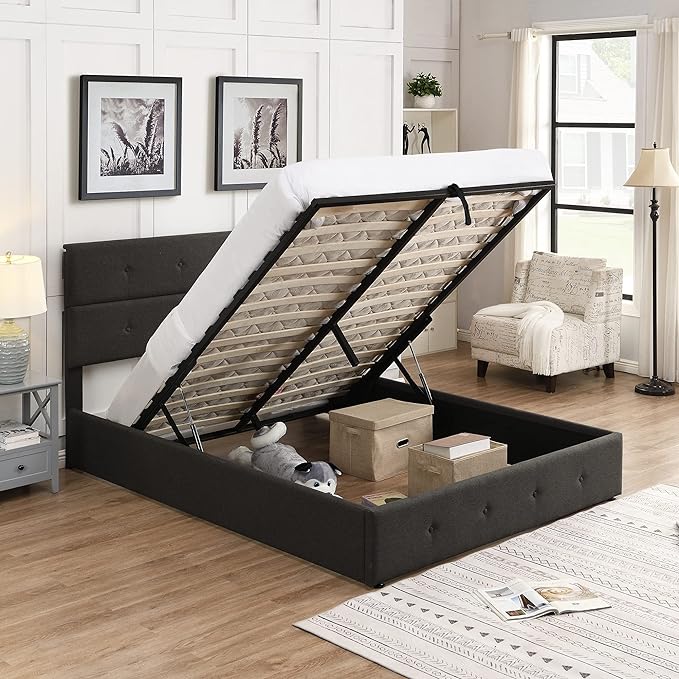 Queen Size Lift Up Storage Bed/Modern Upholstered Platform Bed Frame/Hydraulic Storage/No Box Spring Needed/Wood Slats Support - LeafyLoom