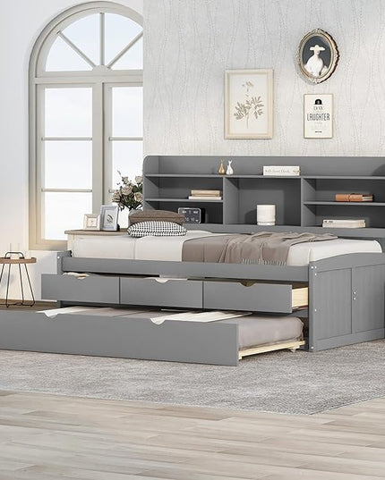 Twin Size Captain Bed with 3 Storage Drawers and Trundle, Wood Twin Bed Frame with Built-in Bookshelves for Kids Teens Adults, Light Gray - LeafyLoom
