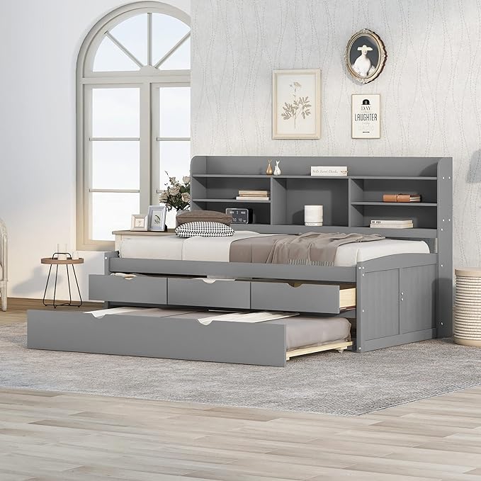 Twin Size Captain Bed with 3 Storage Drawers and Trundle, Wood Twin Bed Frame with Built-in Bookshelves for Kids Teens Adults, Light Gray - LeafyLoom