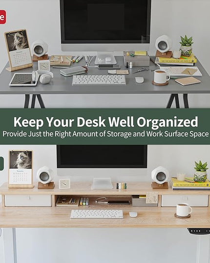 FEZIBO 55 x 24 Inch Height Adjustable Electric Standing Desk with Double Drawer, Stand Up Desk with Storage Shelf, Sit Stand Desk, Maple - LeafyLoom