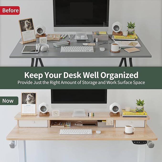 FEZIBO 55 x 24 Inch Height Adjustable Electric Standing Desk with Double Drawer, Stand Up Desk with Storage Shelf, Sit Stand Desk, Maple - LeafyLoom