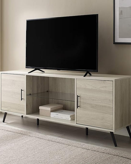 Walker Edison Saxon Mid Century Modern Glass Shelf TV Stand for TVs up to 65 Inches, 60 Inch, Birch - LeafyLoom