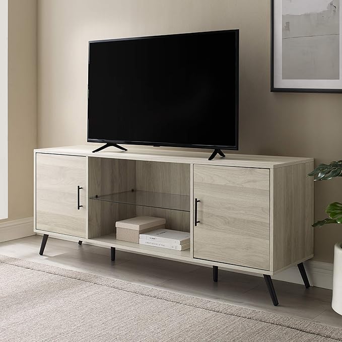 Walker Edison Saxon Mid Century Modern Glass Shelf TV Stand for TVs up to 65 Inches, 60 Inch, Birch - LeafyLoom