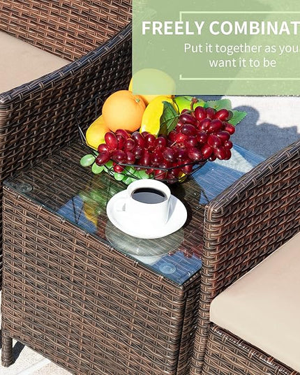 Greesum 3 Pieces Patio Furniture Sets Outdoor PE Rattan Wicker Chairs with Soft Cushion and Glass Coffee Table for Garden Backyard Porch Poolside, Brown and Beige - LeafyLoom