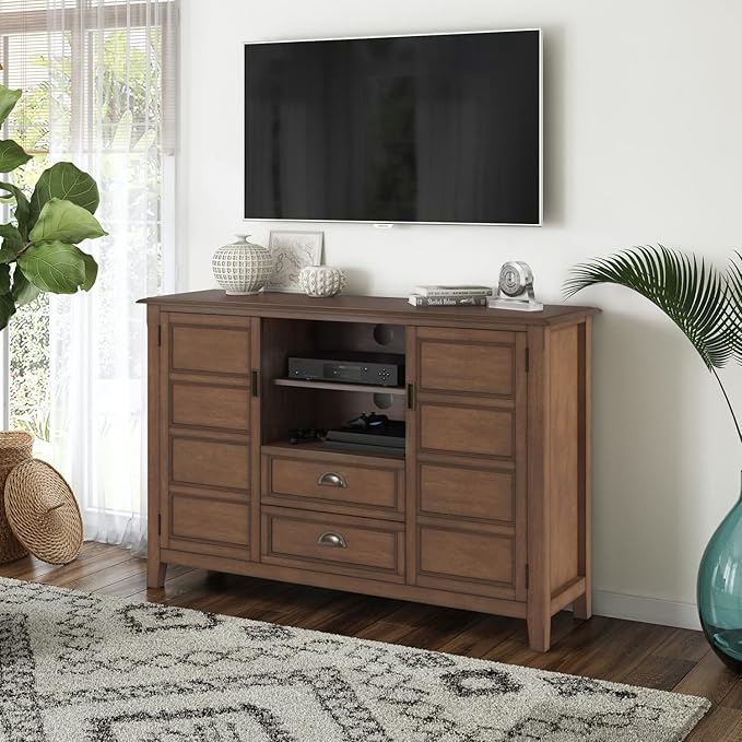 SIMPLIHOME Burlington SOLID WOOD 54 Inch Wide Transitional TV Media Stand in Rustic Natural Aged Brown for TVs up to 60 Inch, For the Living Room and Entertainment Center - LeafyLoom
