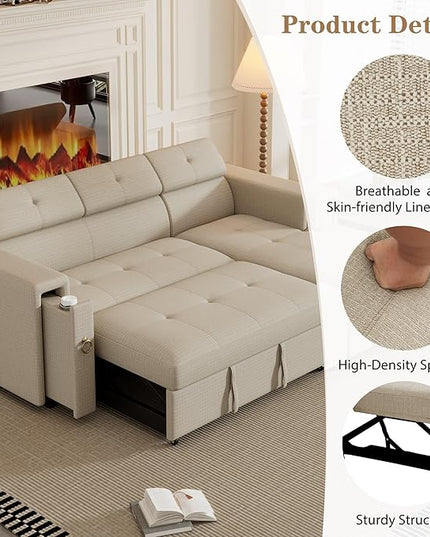 96“ L-Shape Sectional Sleeper Sofa with Pull out Bed, Adjustable Headrest &Storage Chaise, Linen Upholstered Convertible Couch w/Wireless Charging &Cup Holders, for Living Room Apartment - LeafyLoom