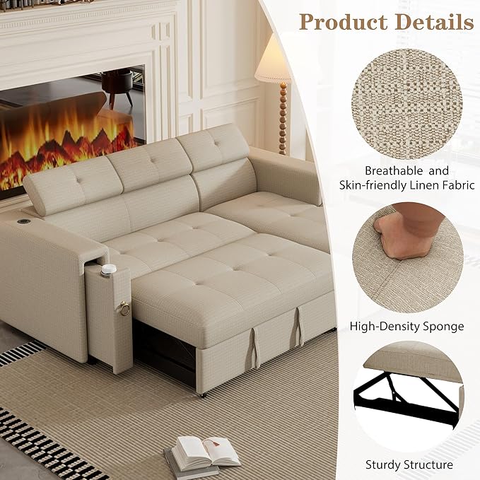 96“ L-Shape Sectional Sleeper Sofa with Pull out Bed, Adjustable Headrest &Storage Chaise, Linen Upholstered Convertible Couch w/Wireless Charging &Cup Holders, for Living Room Apartment - LeafyLoom