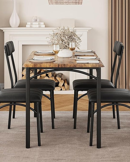 IDEALHOUSE Dining Table Set for 4, Kitchen Table and Chairs for 4, Rectangular Dining Room Table Set with 4 Upholstered Chairs, 5 Piece Kitchen Table Set for Small Space, Apartment, Retro Brown - LeafyLoom