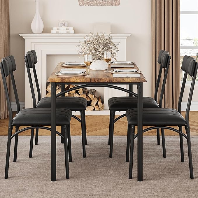 IDEALHOUSE Dining Table Set for 4, Kitchen Table and Chairs for 4, Rectangular Dining Room Table Set with 4 Upholstered Chairs, 5 Piece Kitchen Table Set for Small Space, Apartment, Retro Brown - LeafyLoom