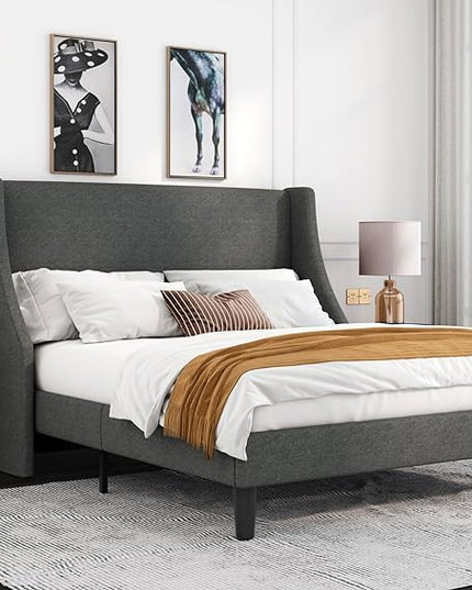 Allewie Queen Bed Frame, Platform Bed Frame Queen Size with Upholstered Headboard, Modern Deluxe Wingback, Wood Slat Support, Mattress Foundation, Light Grey - LeafyLoom