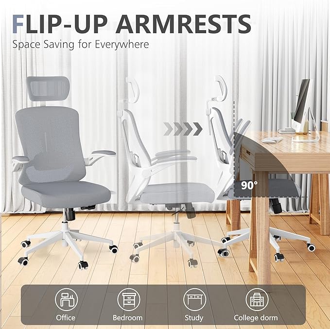Office Chair 350LBS Capacity,Ergonomic Comfy Home Desk Chair,High Back Gaming Chair with Wheels,Mesh Computer Chair,Lumbar Support, Adjustable Headrest,Flip-up Armrest - LeafyLoom