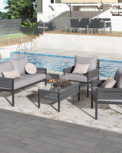 4-Piece Patio Conversation Furniture Set, Rope Weave Outdoor Loveseat Sofa with 2 Armchairs, Thick Cushion&Tempered Glass Table, for Garden Backyard, Onesize, Gray - LeafyLoom