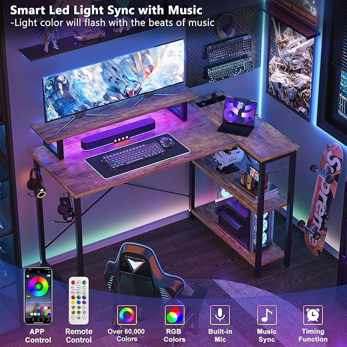 Homieasy L Shaped Gaming Desk with Power Outlet & LED Light, 47 Inch Computer Desk with Storage Shelves, Reversible Corner Desk with Monitor Stand Headset Hooks for Home Office, Rustic Brown - LeafyLoom