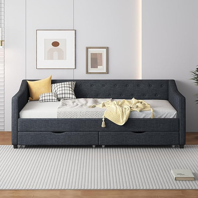 Twin Daybed Frame with 2 Storage Drawers,Upholstered Sofa Bed W/Button & Nailhead Tufted Design,Wood Slats Support,Linen Fabric Bedframe for Living Room Bedroom Apartment,Dark Gray - LeafyLoom